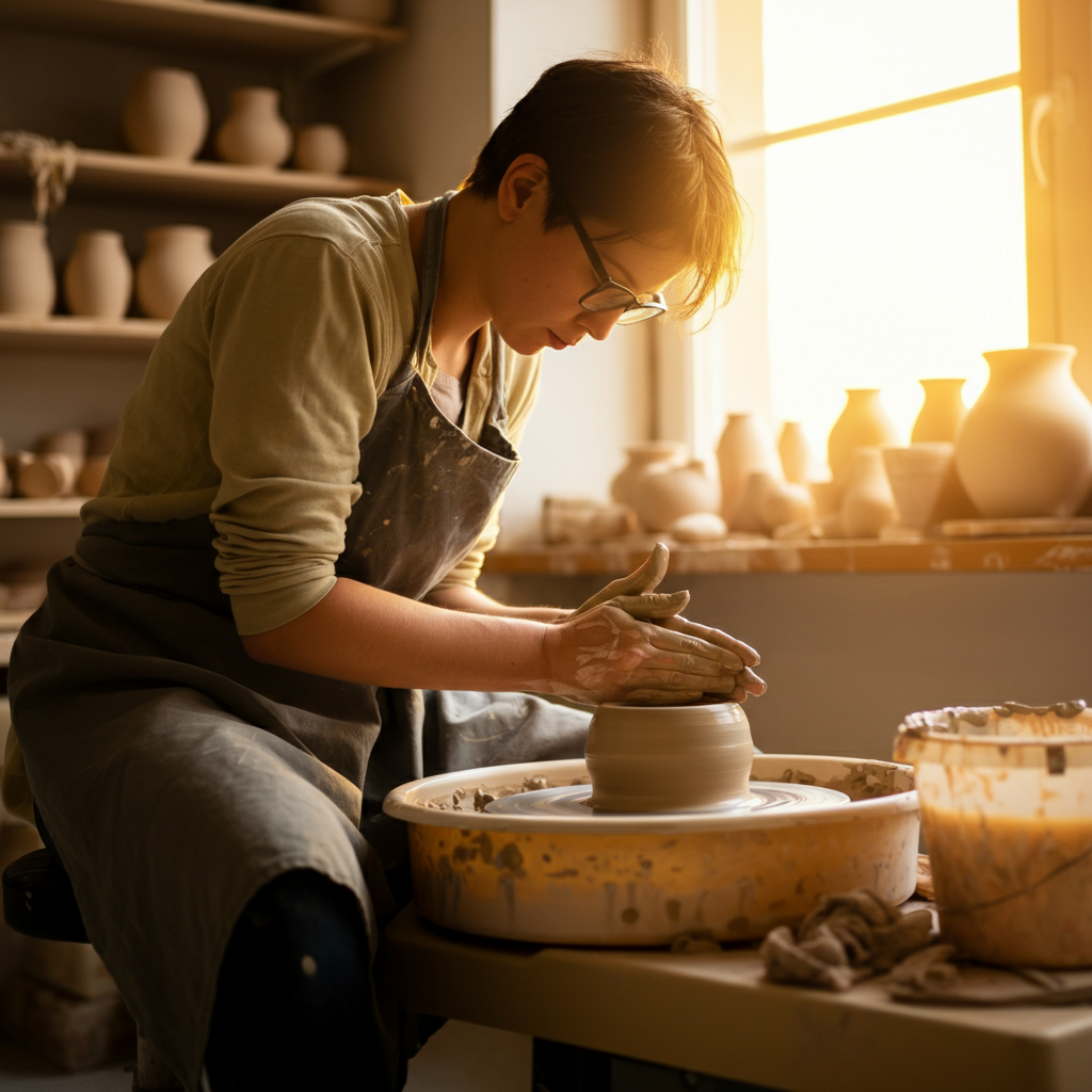 A brightly lit pottery studio. A person is working at a potter's wheel, hands covered in clay. Golden hour lighting streams through the window, highlighting the textures of the clay and the person's focused expression. There are finished pots in the background, adding a sense of accomplishment.