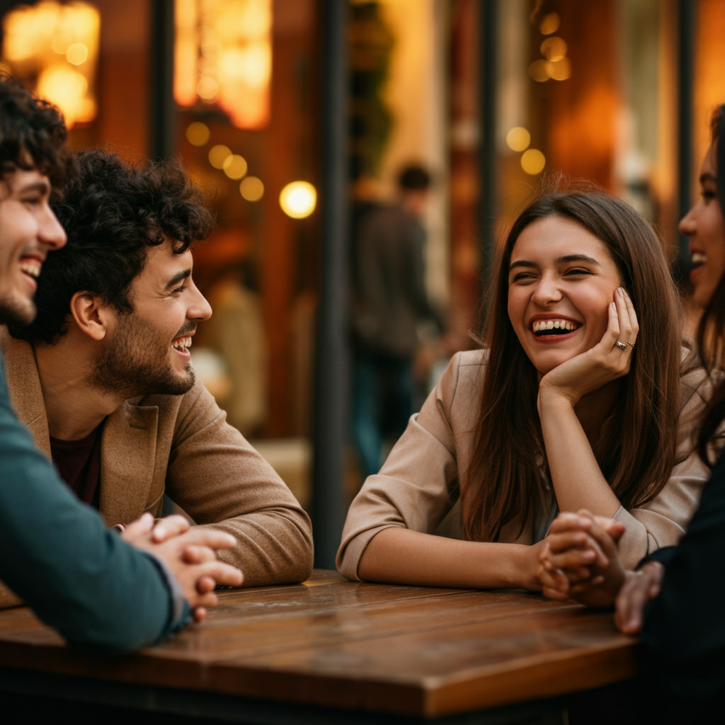 A group of friends gathered around a wooden table at an outdoor cafe, laughing and talking animatedly. Soft bokeh background blurs the surrounding city, focusing attention on the group's interaction. The lighting is warm and inviting, creating a sense of camaraderie.