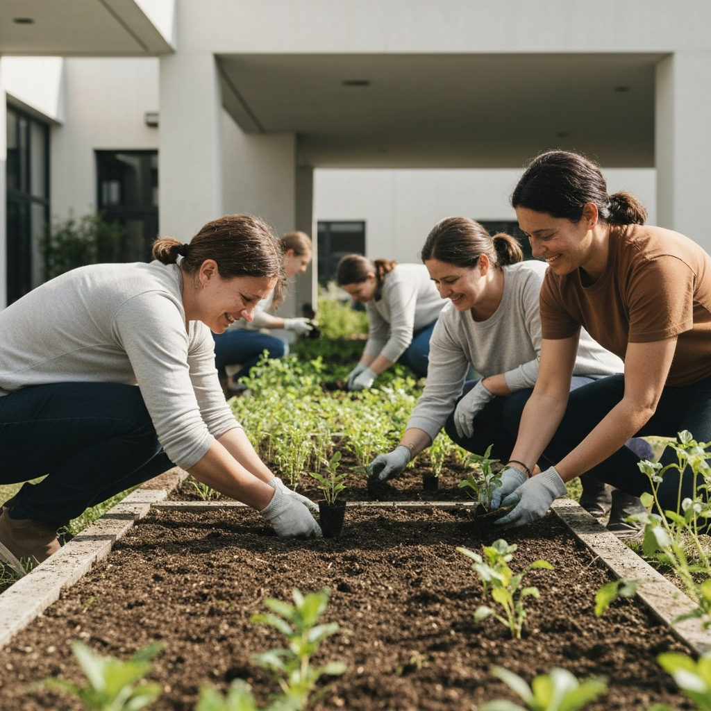 A person volunteering at a community garden, planting seedlings with other volunteers. Natural light illuminates the garden and the volunteers' faces, showcasing their shared effort and positive energy. The scene suggests a sense of collective purpose and connection to nature.