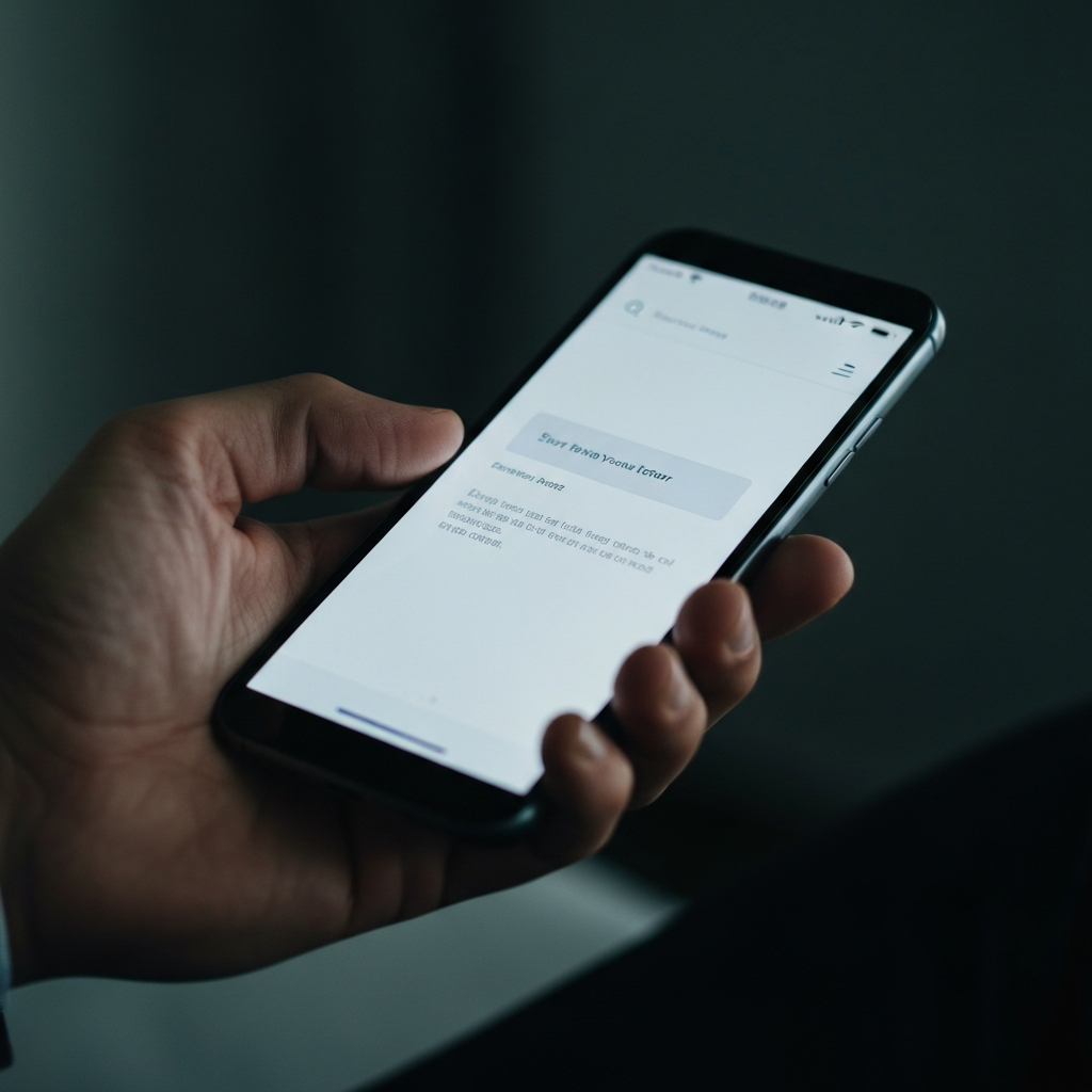 Close-up of a hand holding a smartphone displaying a specific error message. Soft, diffused lighting highlights the screen and the hand's texture. The background is subtly blurred.