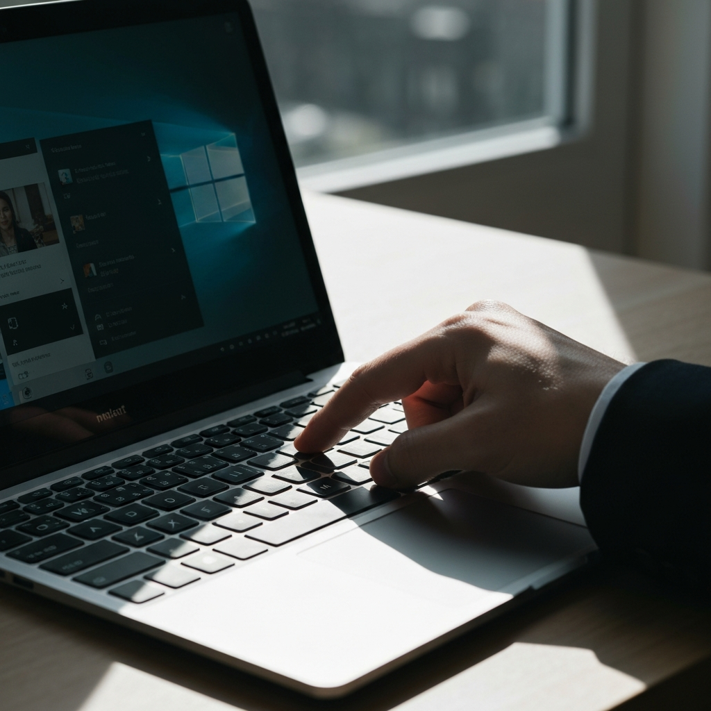 A person's hand gently pressing the power button on a laptop keyboard. Natural light streams from a nearby window, casting soft shadows on the keyboard. The laptop screen displays the Windows shutdown menu.