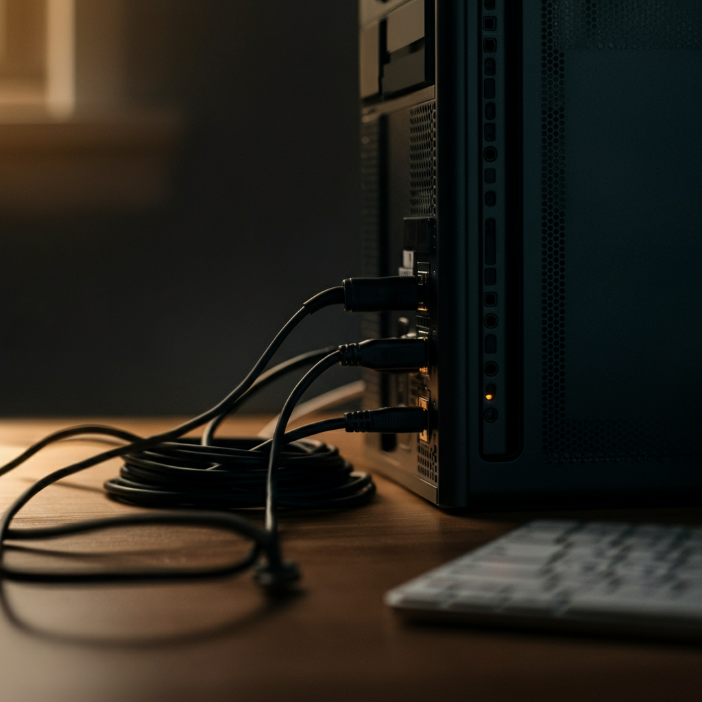A neatly organized workspace with various cables connected to a desktop computer. The cables are labeled with small tags. Soft, even lighting highlights the connections and cable management.