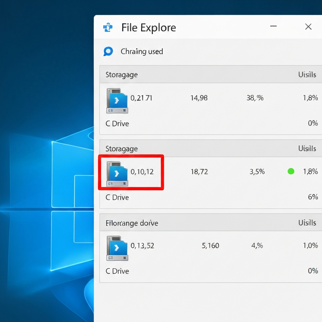 A computer's file explorer window displaying the storage usage of different drives, with the C drive highlighted. The lighting is clear and functional, emphasizing the information on the screen.