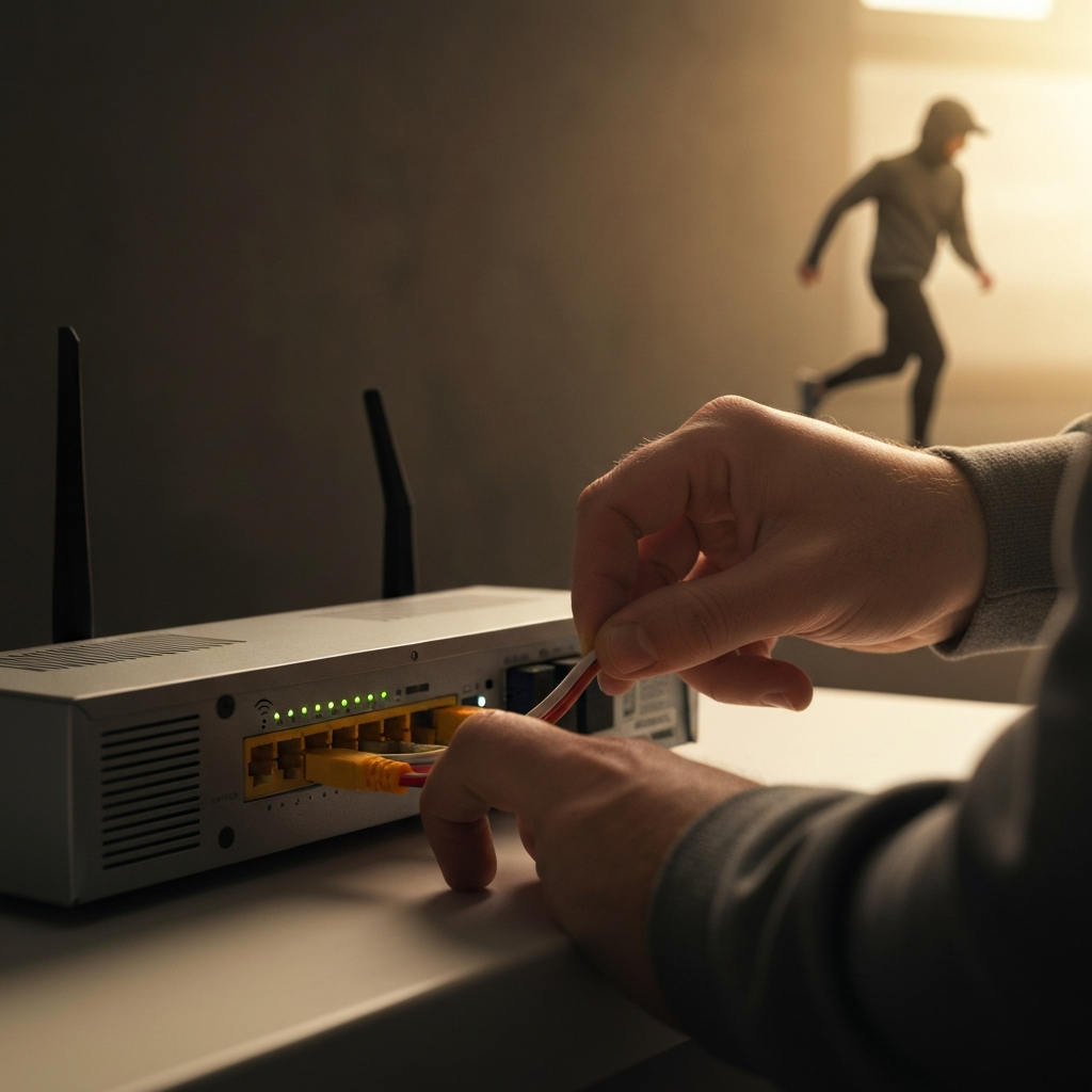 A person examining the back of a Wi-Fi router, checking the cable connections and indicator lights. The lighting is soft and focused, highlighting the details of the router.