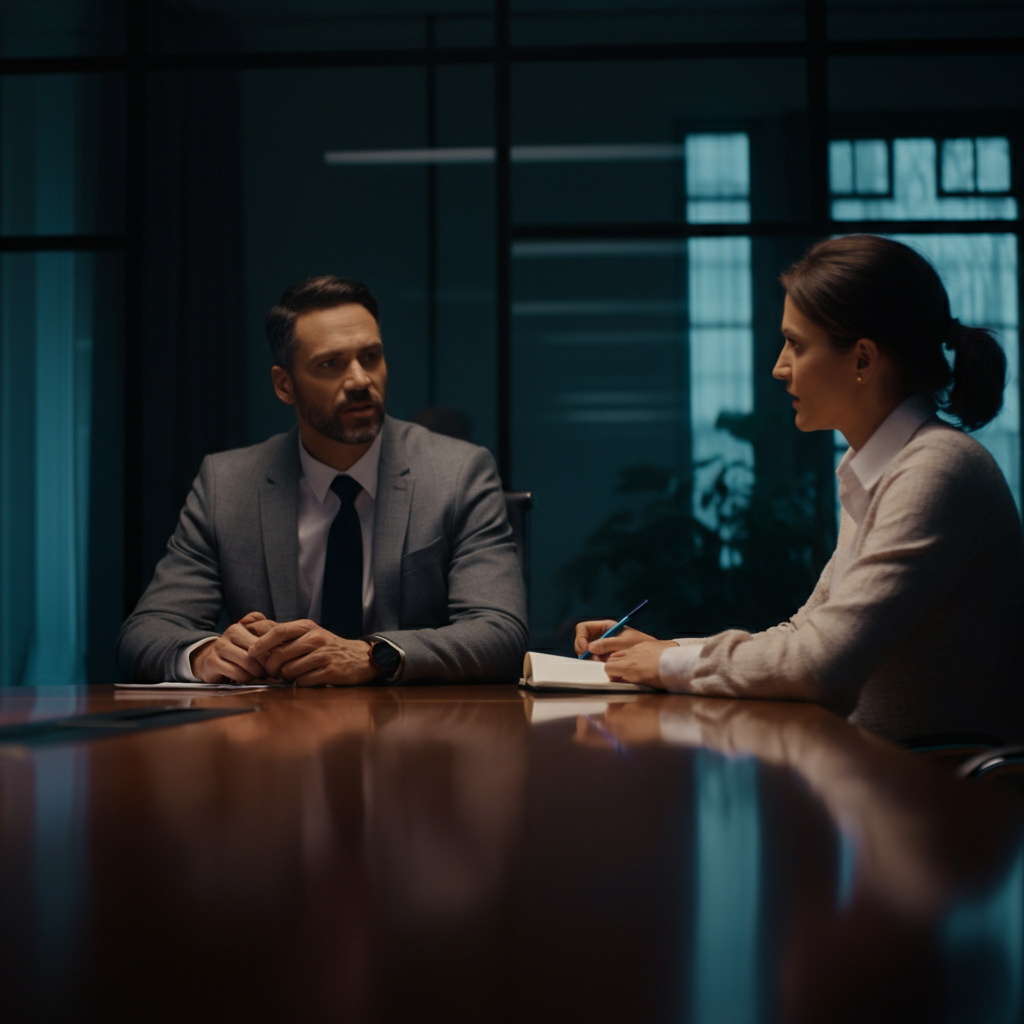 A brightly lit office meeting room. Two colleagues are seated at a polished conference table, one listening attentively to the other. The listener is leaning forward slightly, with a pen and notepad in hand. Soft focus on background elements.