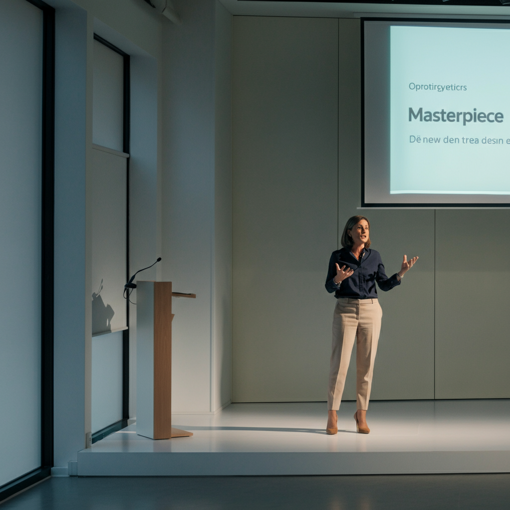 A woman giving a presentation in a modern office space. She is standing confidently at a podium, gesturing naturally with her hands. The room is well-lit, with natural light streaming through large windows. The backdrop is a clean, minimalist design.