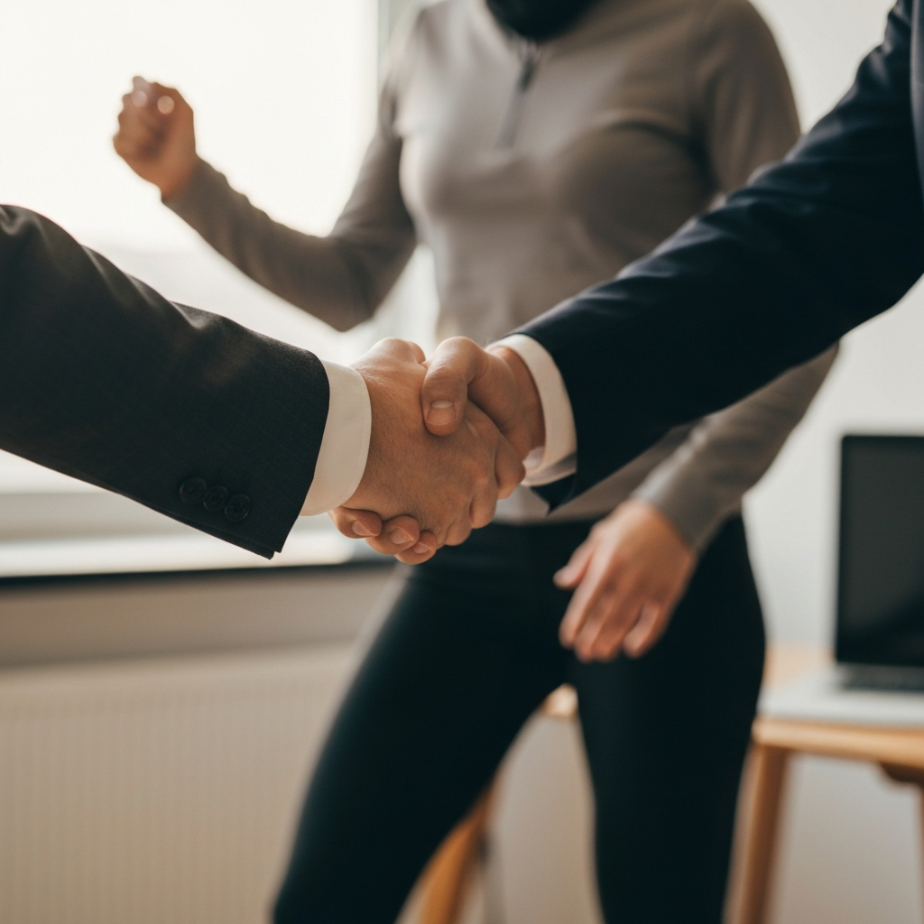 Close-up shot of two professionals shaking hands firmly in a well-appointed office. The lighting is soft and warm, highlighting the texture of their suits. Depth of field is shallow, blurring the background.