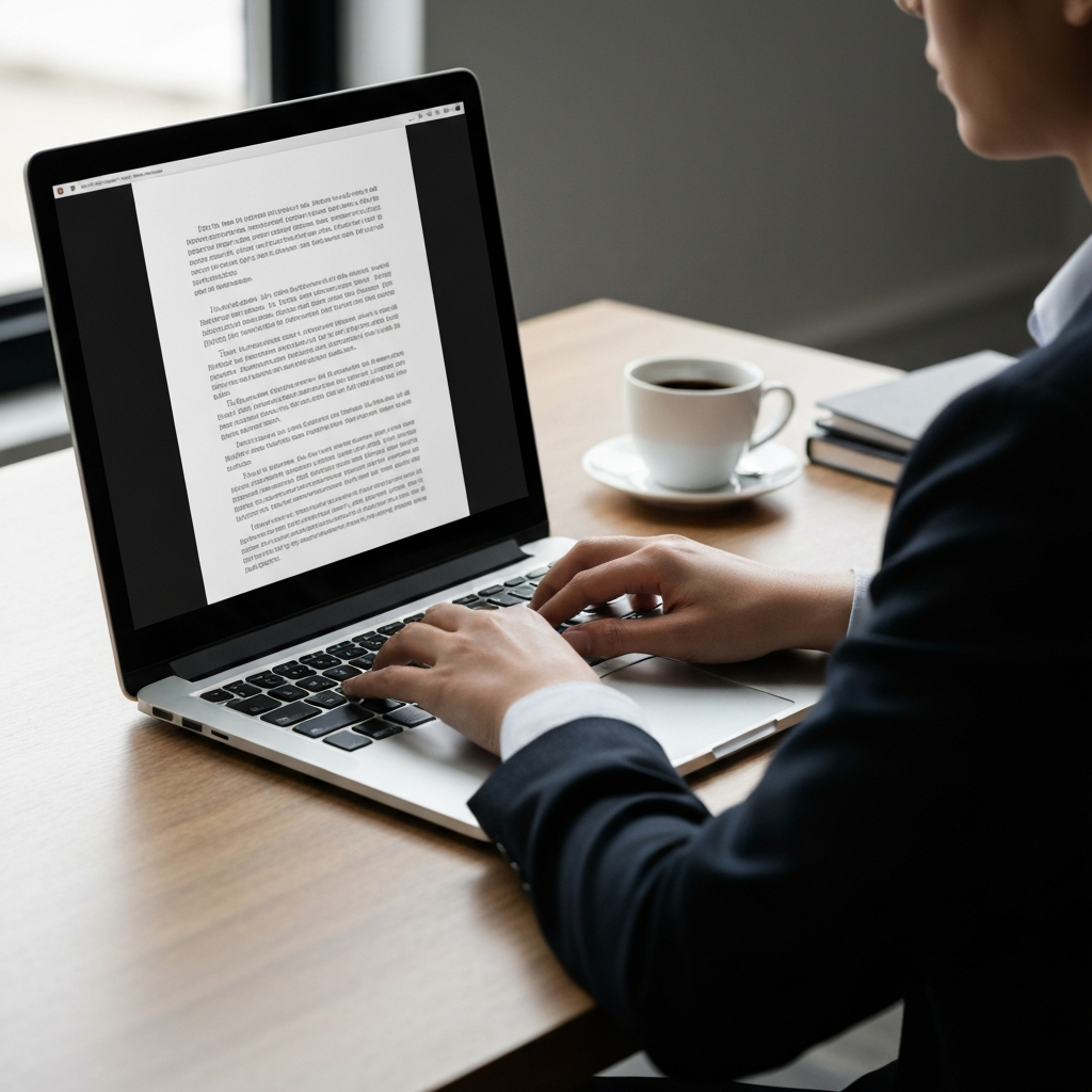 A person sitting at a desk in a modern office, typing on a laptop. The scene is side-lit, highlighting the keyboard and the person's hands. The monitor displays a document with clearly formatted text. A cup of coffee sits to the side.