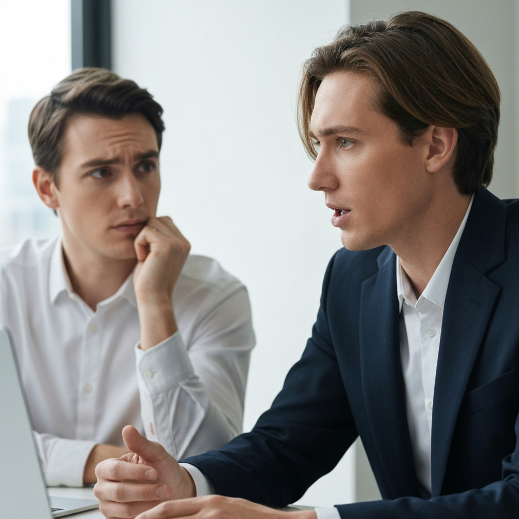 Two colleagues in an office setting, engaged in a conversation. One is listening attentively with a concerned expression, while the other is speaking with emotion. The lighting is natural and soft, creating a sense of intimacy.