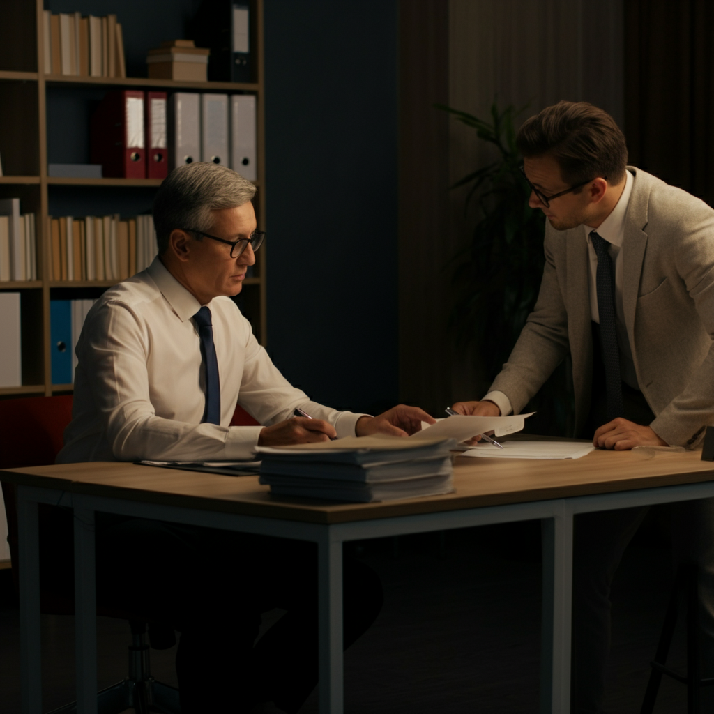 A professional in a well-lit office receiving feedback from a colleague. Both are seated at a desk, reviewing documents. The light is focused on their faces, showing expressions of concentration and engagement. Books and files are neatly organized in the background.