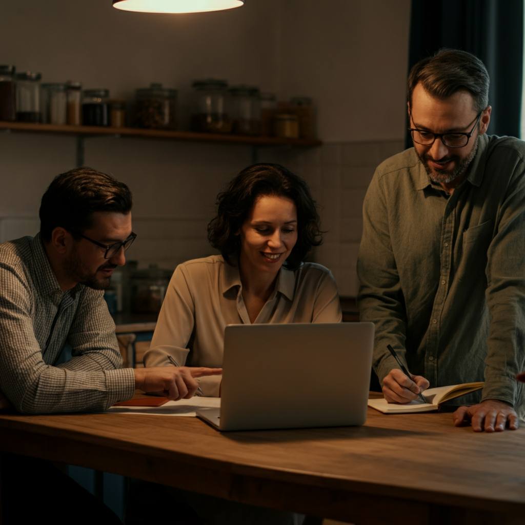 A warmly lit kitchen table. Three people, mid-thirties, are gathered around a laptop, smiling. Soft bokeh in the background shows a well-organized pantry. One person points at the screen, while another jots notes in a stylish notebook. Natural light streams in from a window.