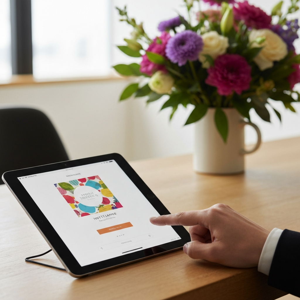 Close-up shot of a tablet screen displaying a colorful digital invitation. A hand gently taps the screen. Soft focus on the background, showcasing a bouquet of vibrant flowers in a ceramic vase.