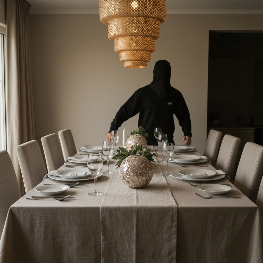 Wide angle shot of a dining room prepared for a gathering. The table is set with clean linens, decorative centerpieces, and place settings. Soft, ambient lighting fills the room, highlighting the textures of the tablecloth and tableware.