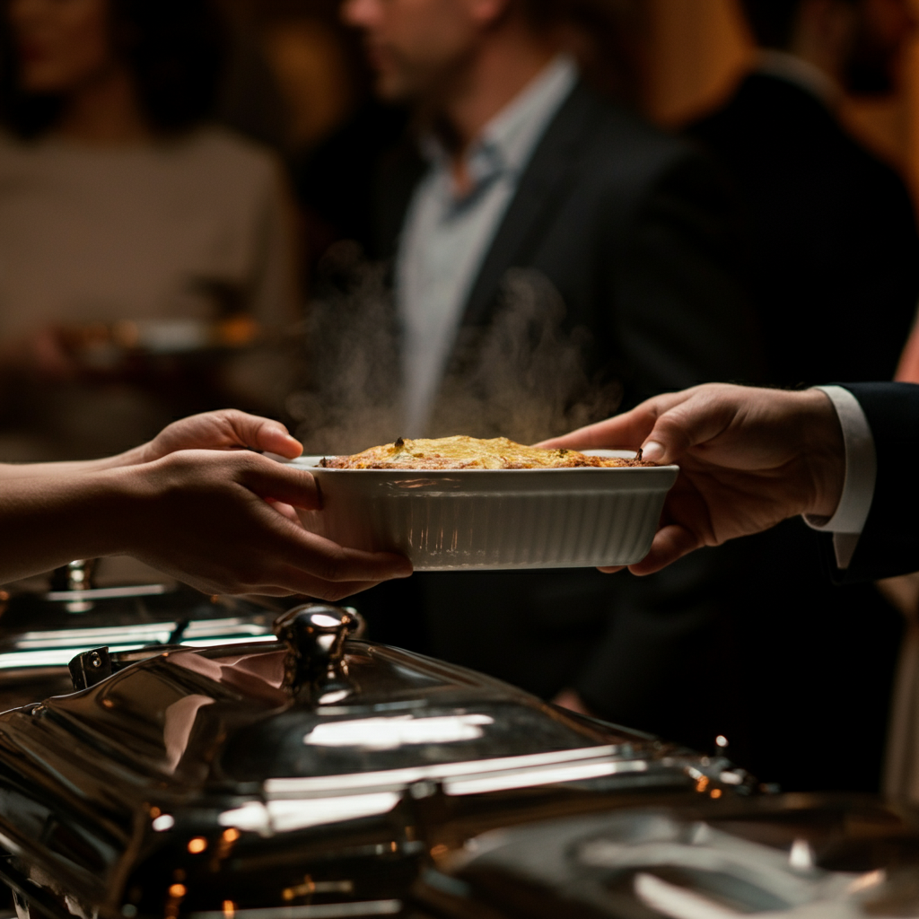 Hands reaching to place a labeled dish onto a buffet table. Side-lit textures reveal steam rising from a casserole dish. Soft focus background of other guests milling around.