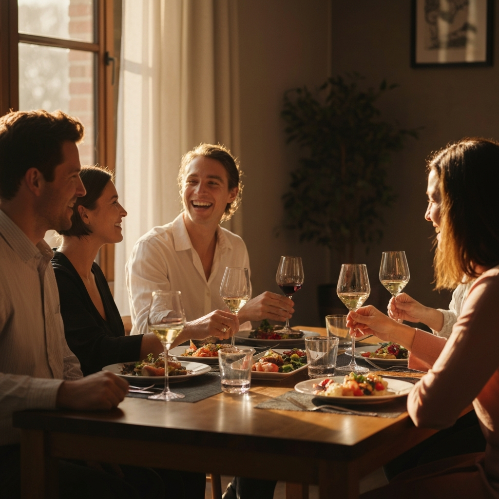 A group of people gathered around a table, laughing and chatting. Golden hour lighting streams through a nearby window, casting a warm glow on their faces. Plates are filled with colorful food, and wine glasses are clinking.