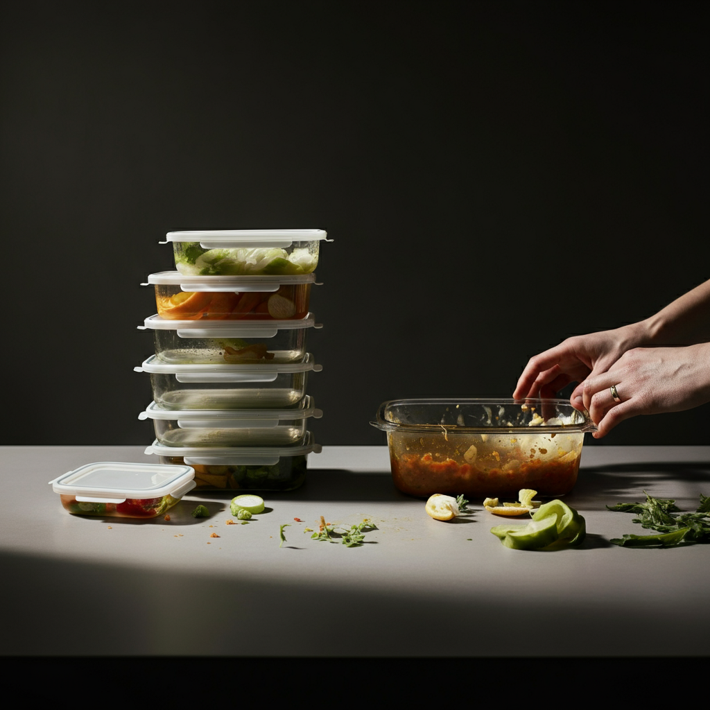 A kitchen counter with neatly stacked containers and leftover food. A person's hands are visible, carefully placing food into a container. Soft, diffused light highlights the textures of the food and containers.