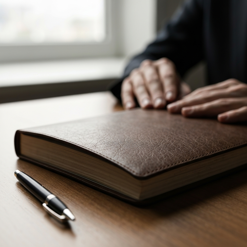 Close-up shot of a weathered leather-bound journal lying open on a wooden desk. Soft, natural light streams in from a nearby window, illuminating the textured paper and the tip of a pen resting beside it. Focus is sharp on the journal's surface, with a shallow depth of field blurring the background.