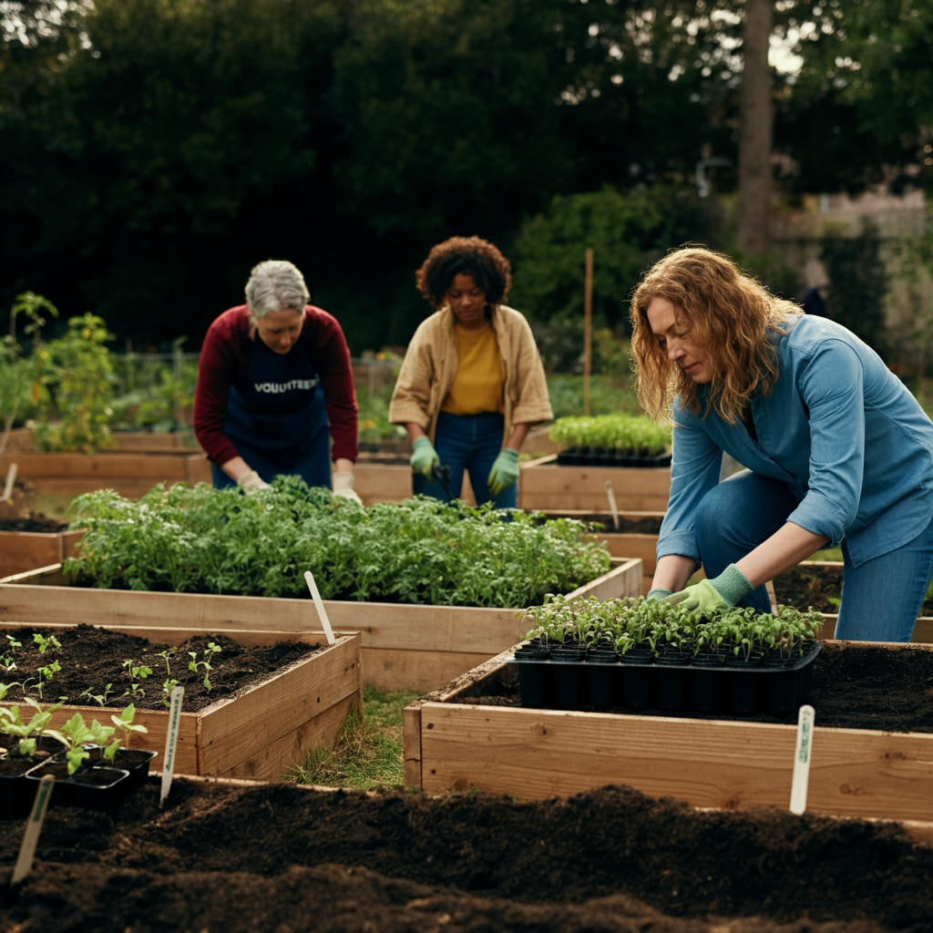 A group of volunteers are working together in a community garden. They are planting seedlings, weeding, and watering the plants. The sun is shining, and the atmosphere is one of collaboration and purpose.