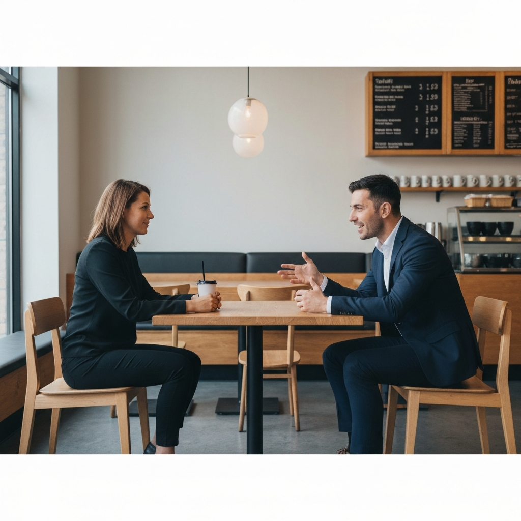 Two people are sitting across from each other in a coffee shop. They are engaged in a conversation, with one person listening attentively and the other speaking with enthusiasm. The atmosphere is relaxed and informal.