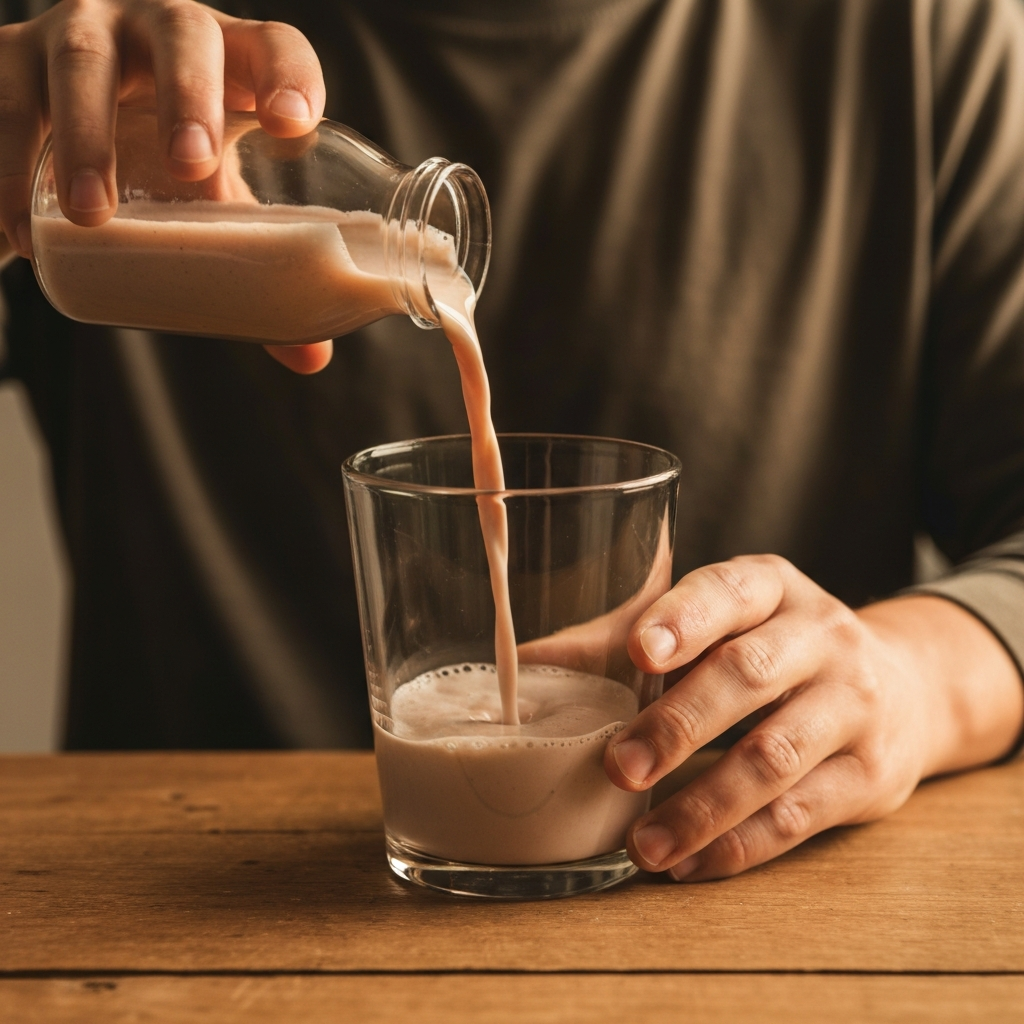Close-up shot of a protein shake being poured into a glass, soft golden hour lighting, textured background of a wooden table.
