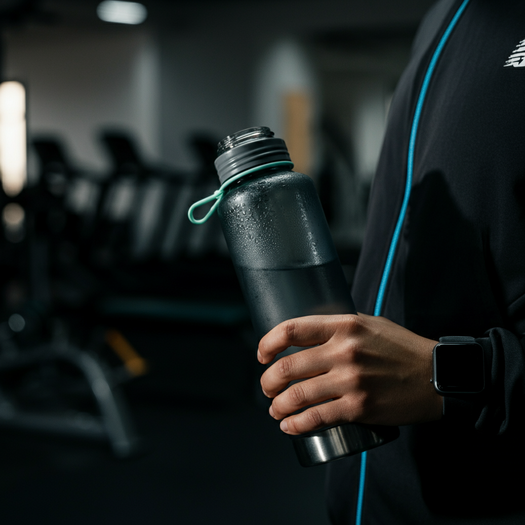 A person holding a reusable water bottle, mid-day lighting, focus on the condensation on the bottle, blurred background of a gym.