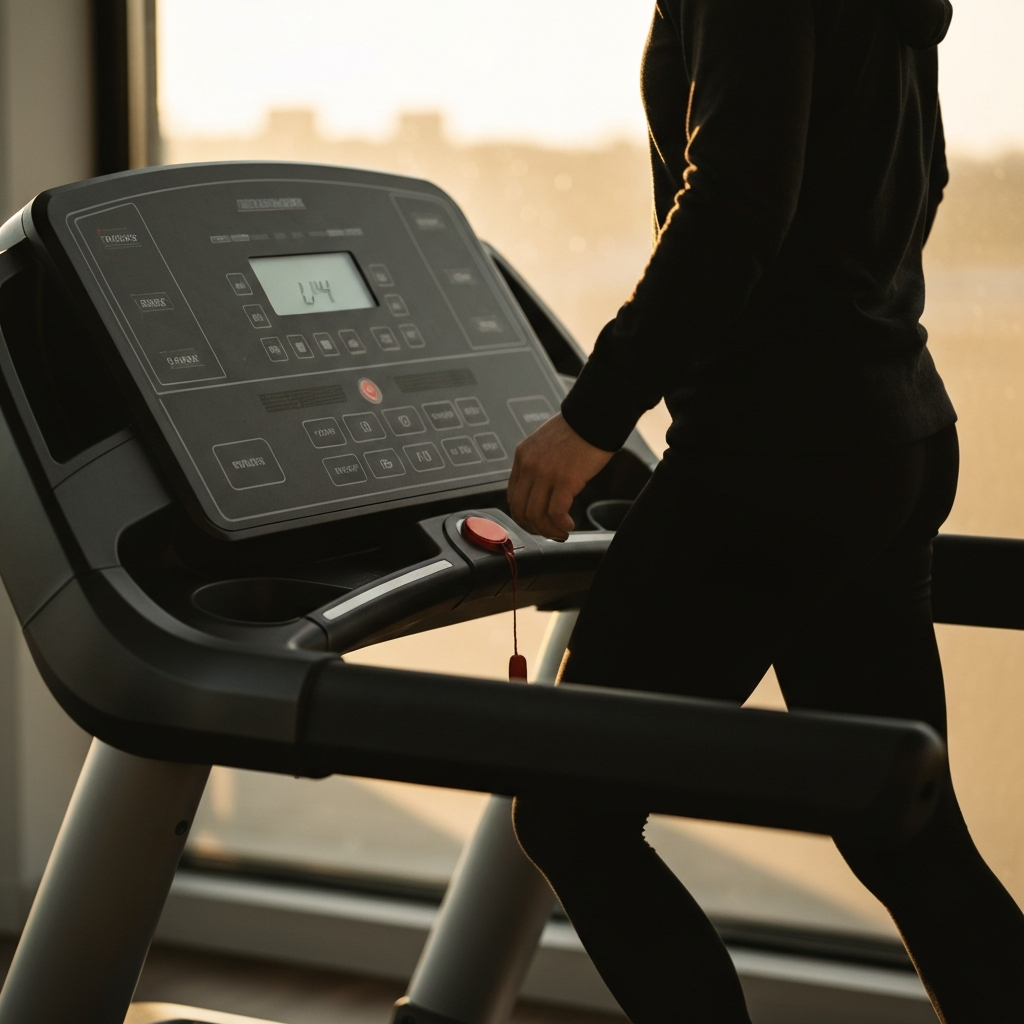 A person walking on a treadmill at a slow pace, side-lit with natural light, focus on the treadmill console displaying the low speed.