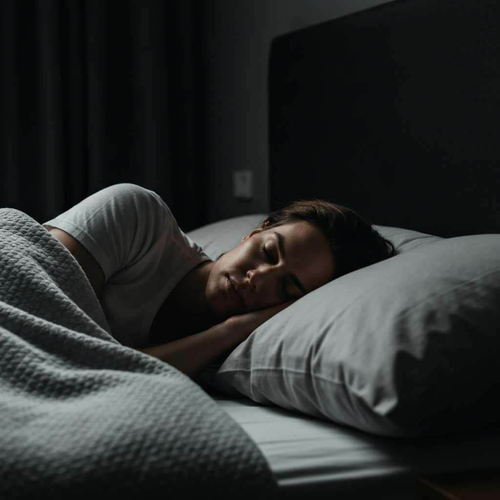 A dimly lit bedroom, soft focus on a person sleeping peacefully in bed, textured blanket and pillows.