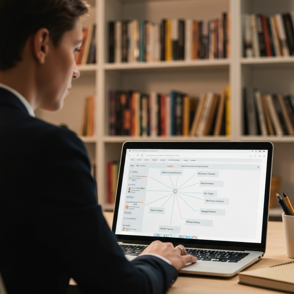 A brightly lit home office. A person sits at a desk, partially visible, facing a laptop screen. The screen displays a mind map application with various categories like "Email Overload", "Messy Desktop", and "Unused Apps". Soft bokeh background shows a bookshelf filled with neatly arranged books.