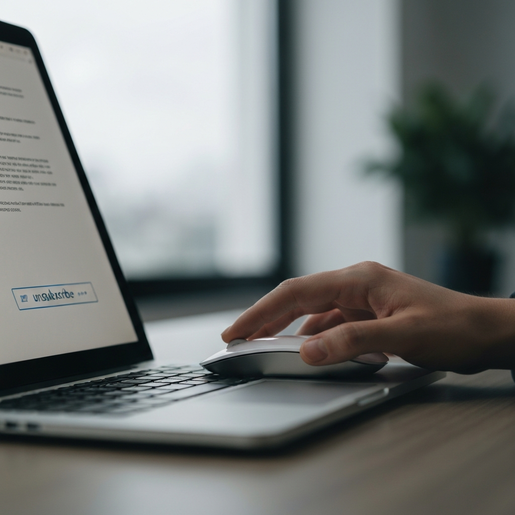 Close-up of a hand using a mouse to click an "unsubscribe" link in an email on a laptop screen. The lighting is diffused, focusing on the screen and hand. The background is slightly blurred, showing a modern office desk.
