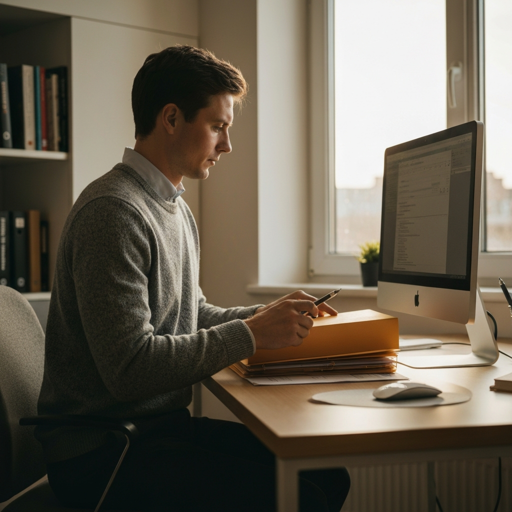 A person sitting at a clean desk is organizing files into folders on their computer. The room has natural light coming in from a window. The person is wearing a professional looking sweater.