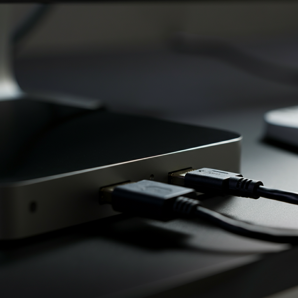 A close-up shot of an external hard drive connected to a computer. The lighting is soft and even, highlighting the texture of the hard drive and the connection cables. A subtle depth of field blurs the background, which features a clean workspace.