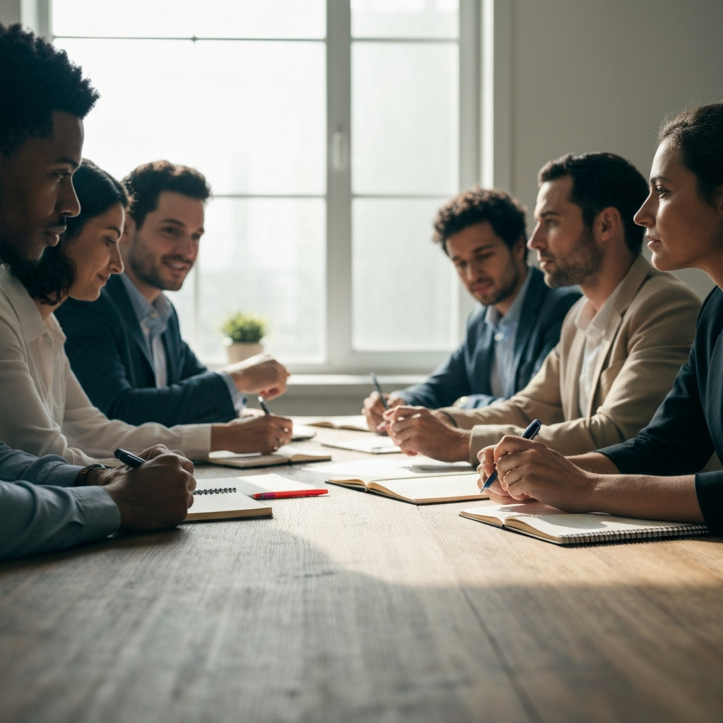 A diverse group of people are sitting at a long wooden table, engaging in a lively discussion. The room has soft, natural light coming in from a large window. The table is covered in notebooks and colorful pens, suggesting a collaborative brainstorming session. Focus is on the subtle textures of the wood grain and the varied expressions of the participants.