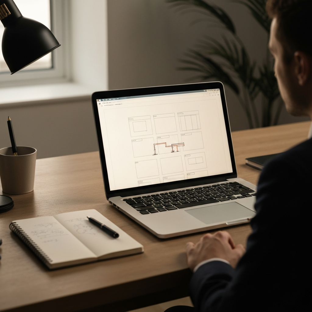 A well-organized desk with a laptop displaying a wireframe structure of a website. There's a notebook and pen next to the laptop, suggesting the user is sketching out the layout. The lighting is warm and focused on the screen, highlighting the visual hierarchy.
