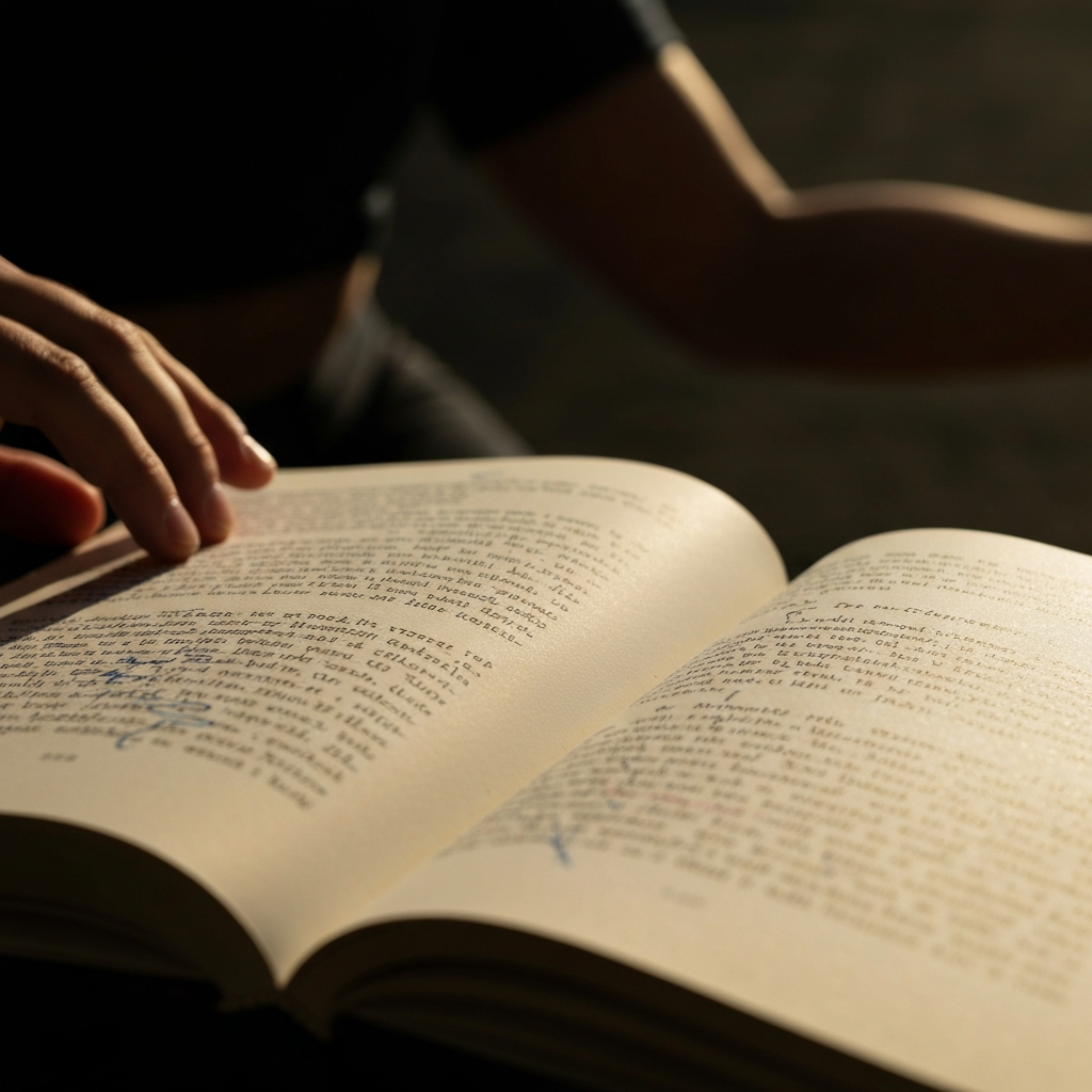 A close-up shot of a book open to a page with handwritten annotations and underlined passages. Soft side lighting emphasizes the texture of the paper and the ink. The composition is intimate and suggests a deep engagement with the text.