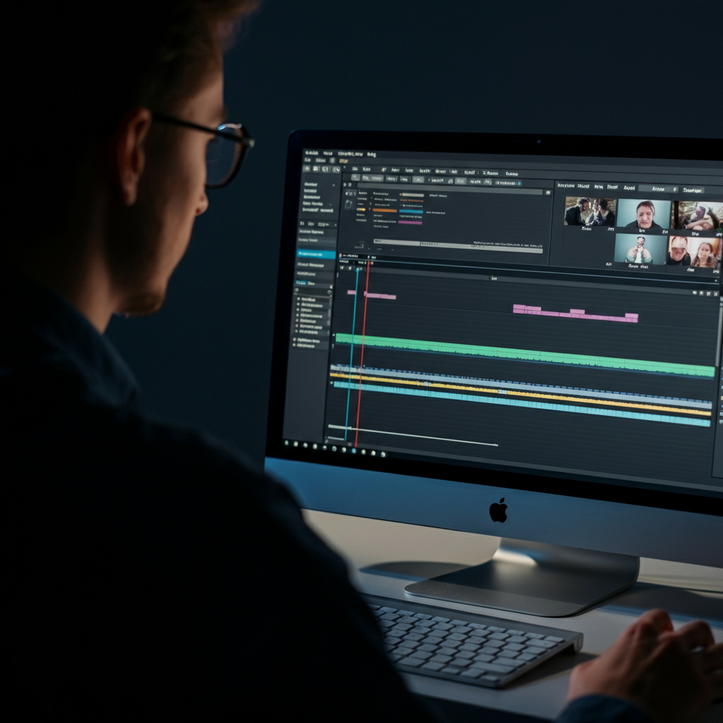 A person working on a computer, editing a video. The screen displays a timeline with various video and audio tracks. The room is dimly lit, with the glow of the screen illuminating the person's face. The focus is on the details of the editing software interface and the focused expression of the editor.