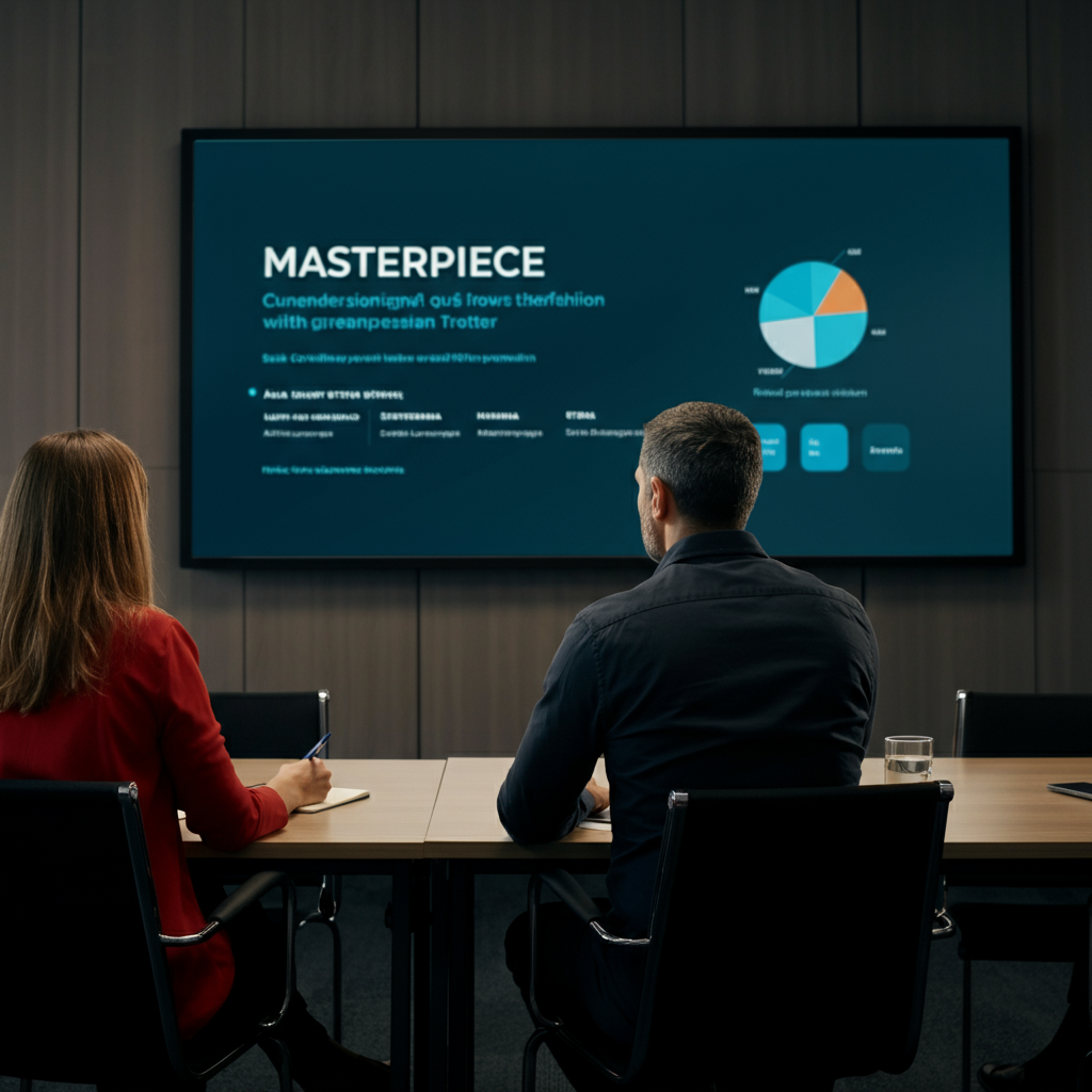 A professional conference room with a presentation being displayed on a large screen. The presentation incorporates clear visuals, large font sizes, and high contrast colors. Attendees are taking notes, and the overall atmosphere is one of focused engagement. The lighting is bright and even, ensuring that everyone can see the screen clearly.