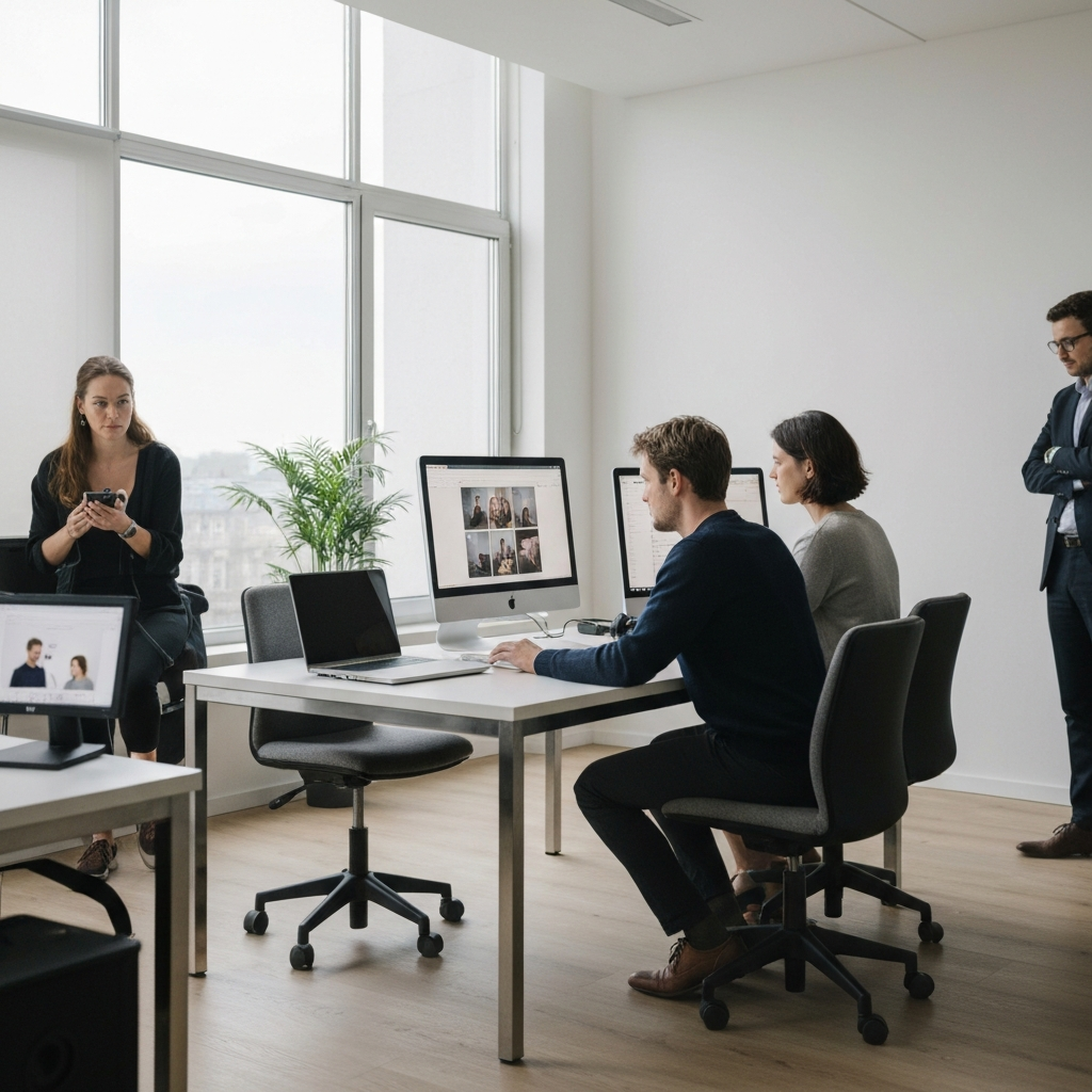 A user experience testing session. A person sits in front of a computer while being observed by researchers. The room is equipped with cameras and microphones to record the user's interactions and feedback. The focus is on the user's facial expressions and body language as they navigate the website.