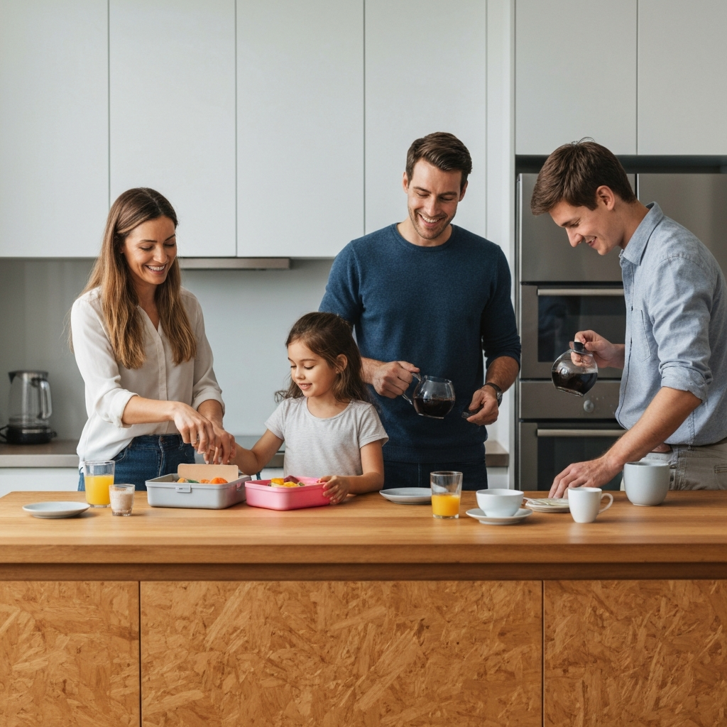 Softly lit kitchen scene. A family of four is depicted preparing breakfast together. The mother is helping the younger child pack their lunchbox. The father is pouring coffee. The teenage son is setting the table. All are smiling and appear relaxed. Side-lit textures of the wooden countertop and the stainless steel appliances.