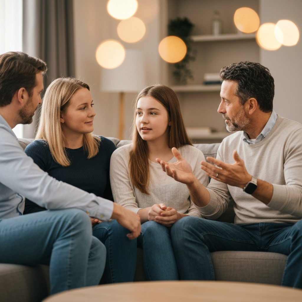 A family of four is sitting on a comfortable sofa in the living room, engaged in conversation. The mother and father are listening intently to their teenage daughter. The son is gesturing animatedly as he speaks. The lighting is warm and inviting, with soft bokeh in the background.