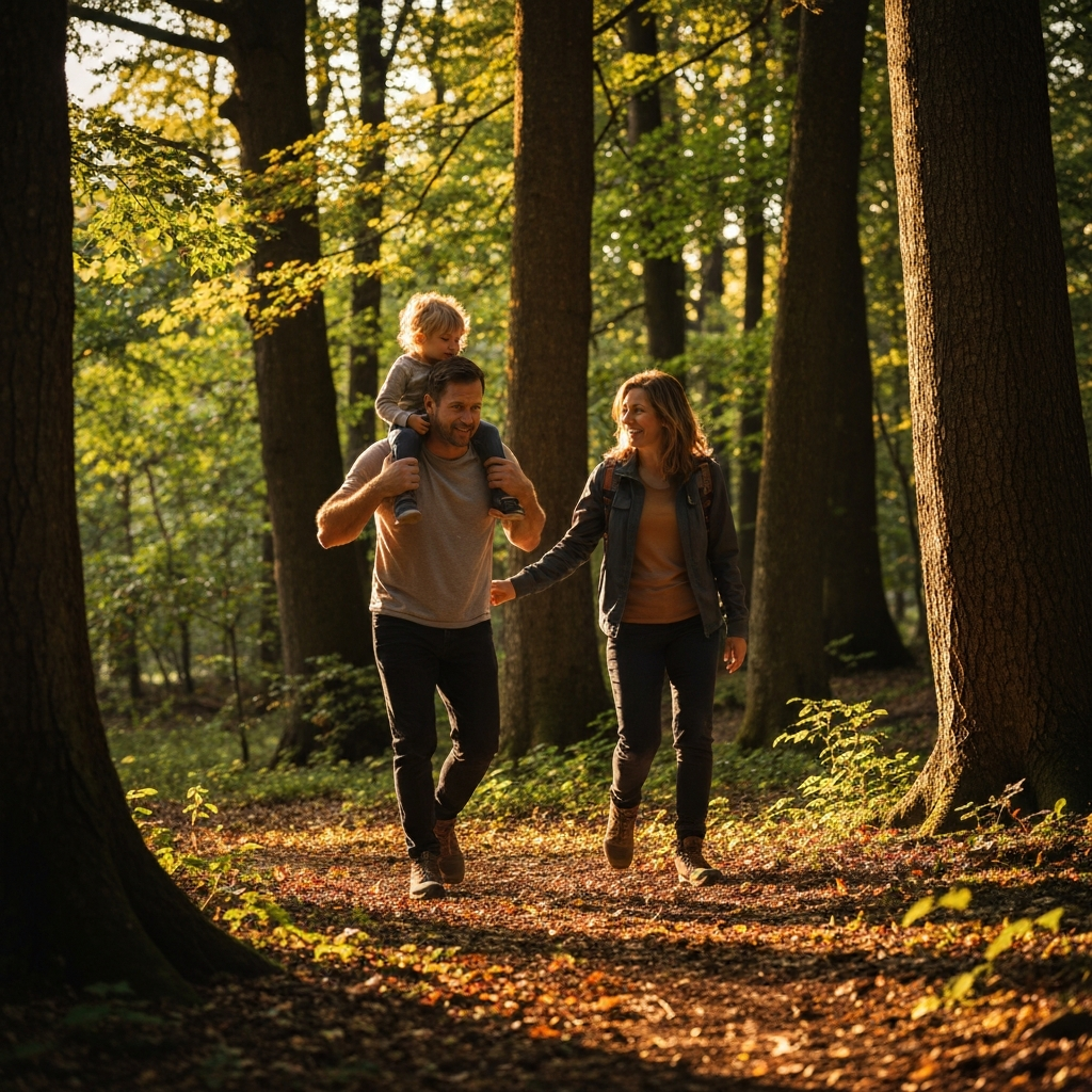 A family is hiking in a sunlit forest. The father is carrying the younger child on his shoulders. The mother and teenage son are walking alongside, admiring the scenery. The light is filtered through the trees, creating a dappled effect on the forest floor. Focus on the texture of the leaves and the bark of the trees.