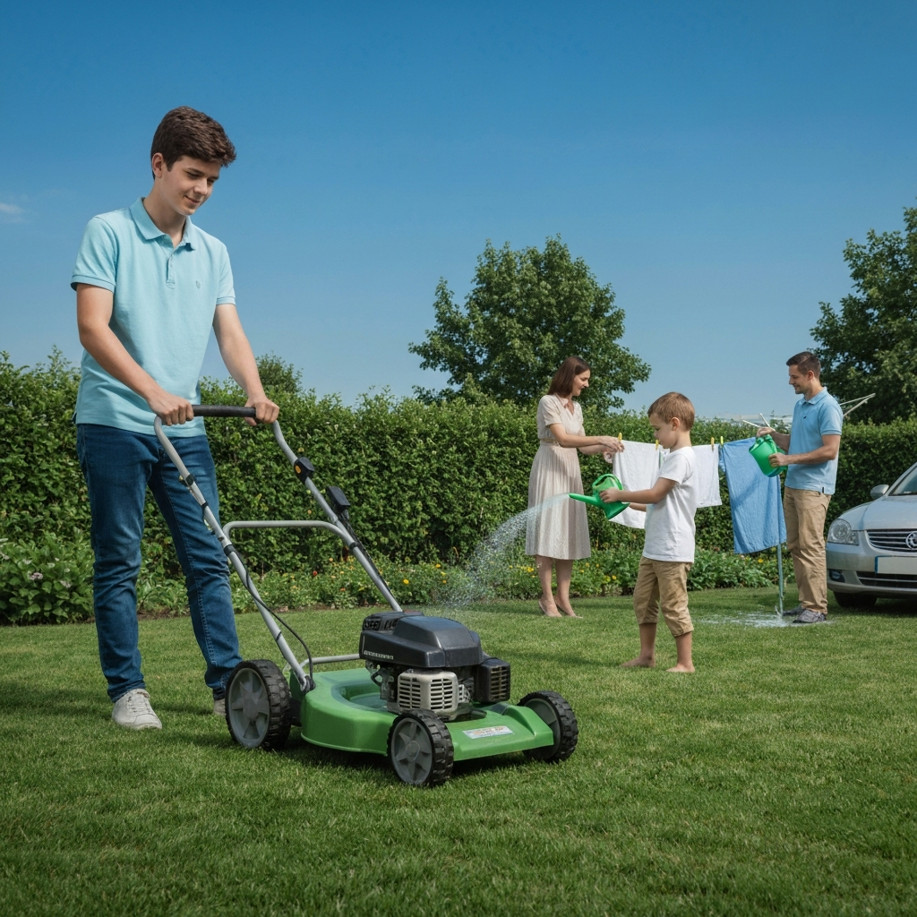 The teenage son is mowing the lawn in the backyard. The younger child is helping to water the garden. The mother is hanging laundry on a clothesline. The father is washing the car. The scene is bright and sunny, with a clear blue sky.