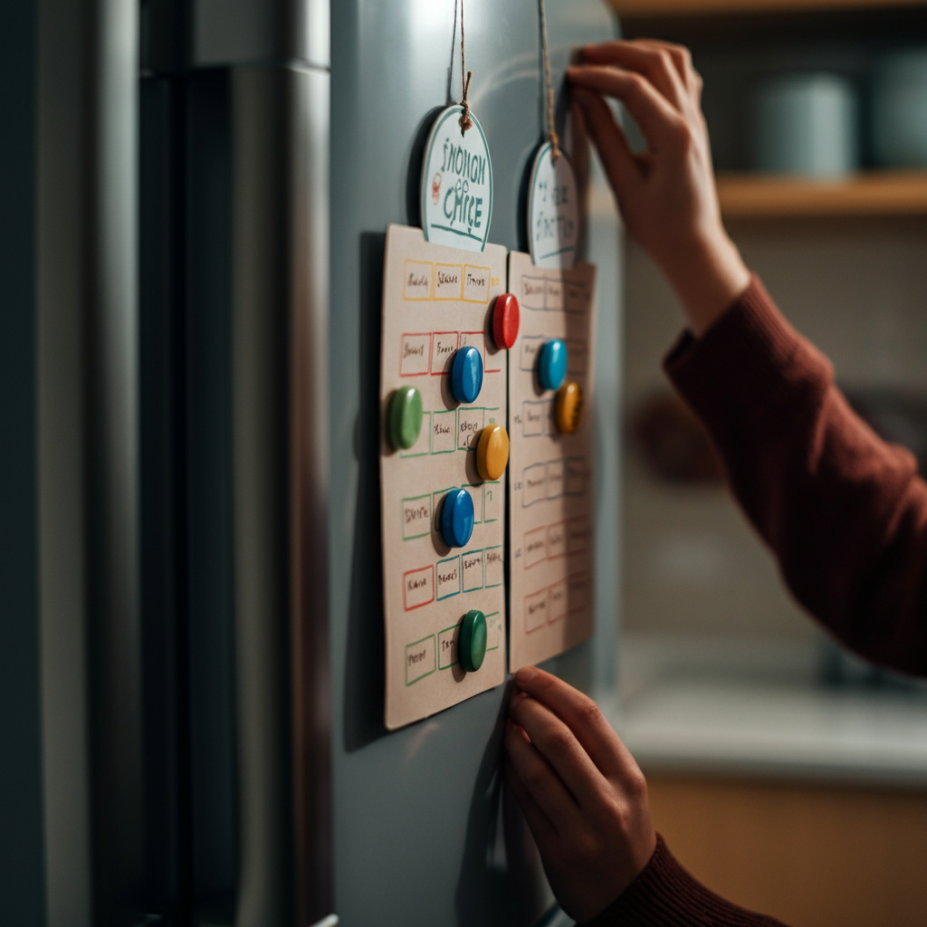 Close up shot of a chore chart hanging on a refrigerator, with different colored magnets and handwritten names assigned to various tasks. Focus on the details of the handwritten font and the texture of the refrigerator door.