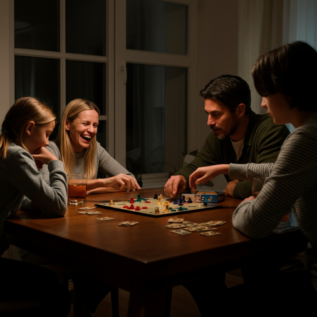 The family is gathered around a table, playing board games by candlelight during a power outage. The mother is laughing, the father is helping the children with the game, and the atmosphere is warm and cozy. The lighting is soft and diffused, with a focus on the expressions on their faces.