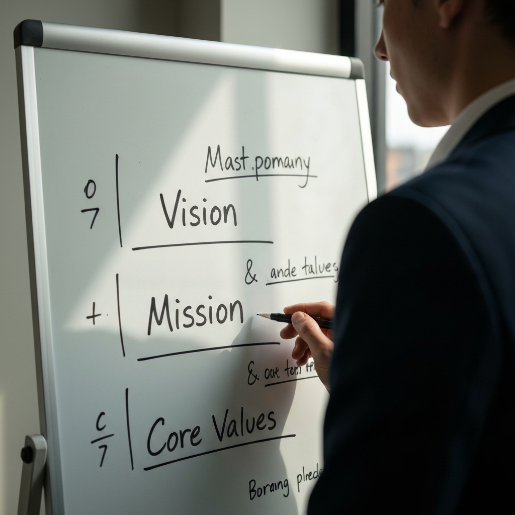 Close-up shot of a whiteboard with hand-written notes outlining a company's vision, mission, and core values. Soft natural light from a nearby window creates a gentle glow on the board. Focus is sharp on the words "Vision" and "Mission".