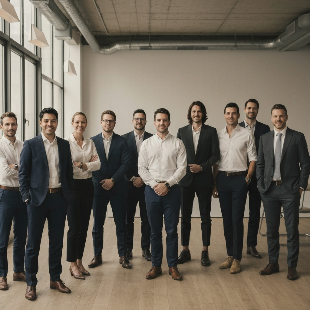 A group of diverse business professionals standing together in a modern office, looking confident and approachable. The lighting is warm and natural, highlighting their professional attire and expressions.