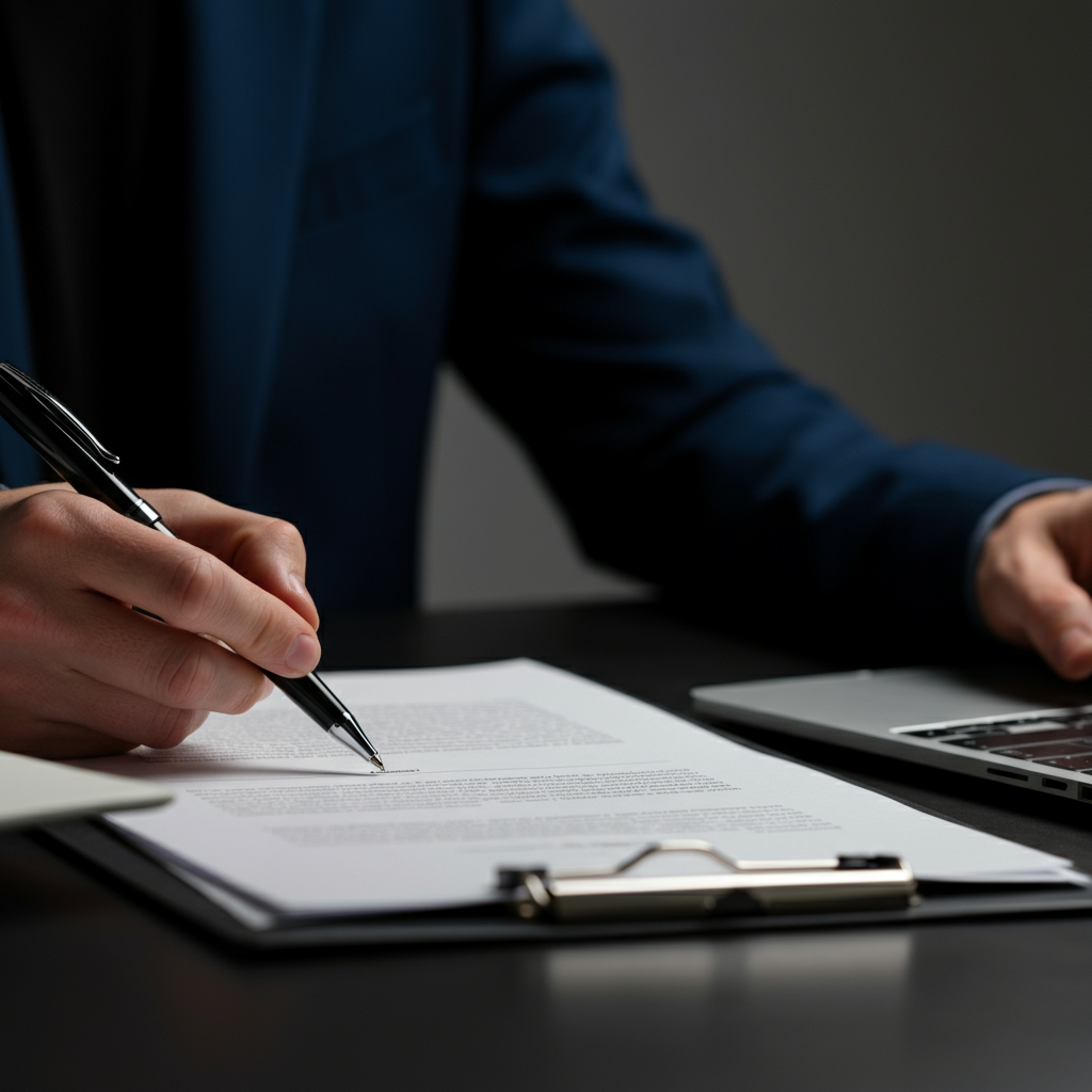 A person sitting at a desk, carefully reviewing a funding proposal document. They are using a pen to make notes on the document. The atmosphere is focused and professional.