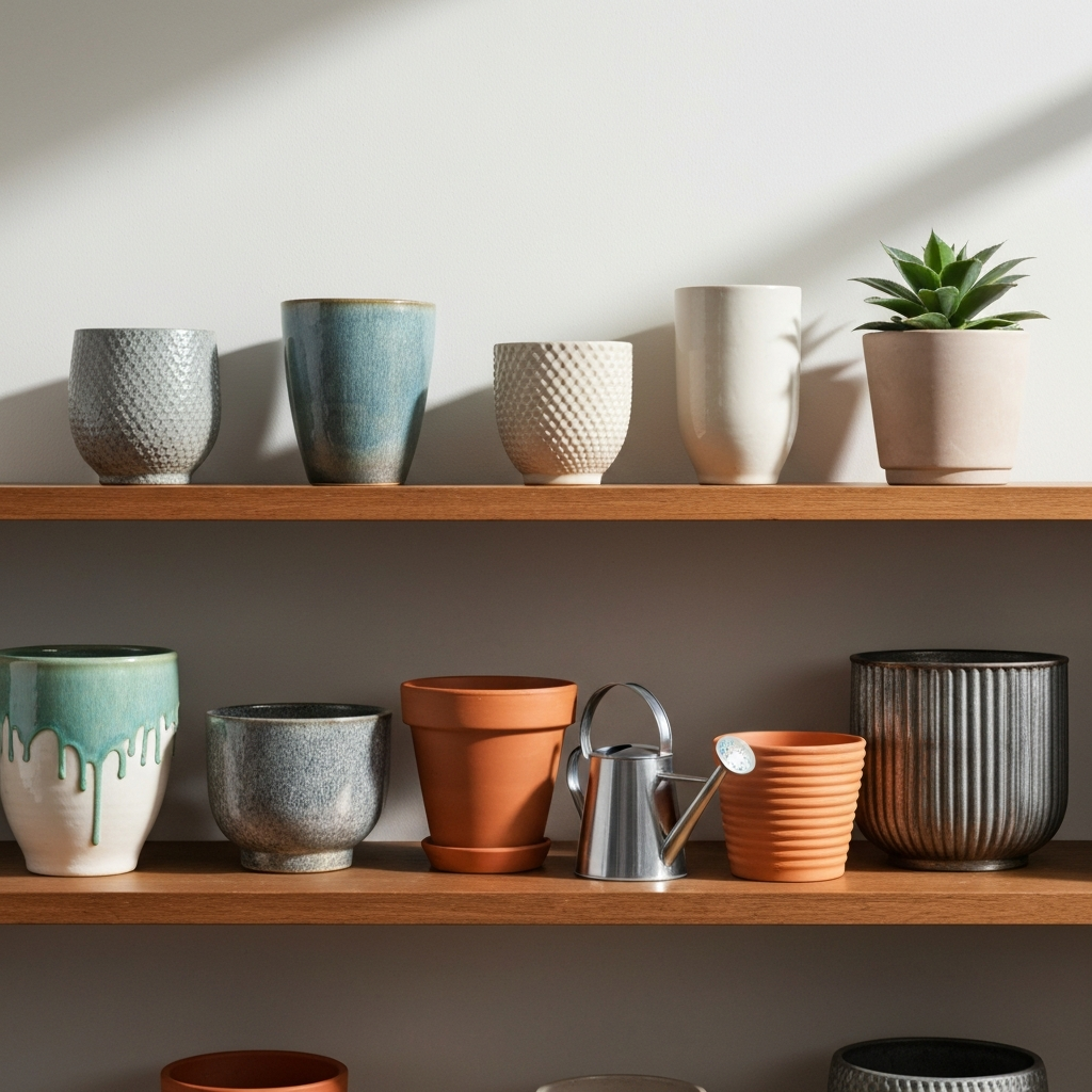 A collection of various indoor planters - glazed ceramic, terracotta, and metal - arranged on a wooden shelf. Soft, diffused light illuminates the different textures and colors of the pots. A small watering can rests beside them.