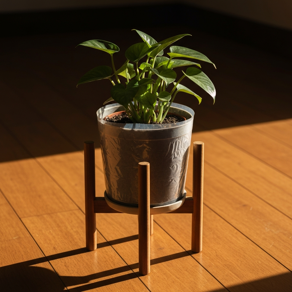 A close-up of a potted plant sitting on a stylish wooden plant stand. Warm, golden hour lighting illuminates the texture of the wood floor and the intricate details of the plant stand. A small, almost imperceptible layer of clear plastic is visible between the pot and the stand.