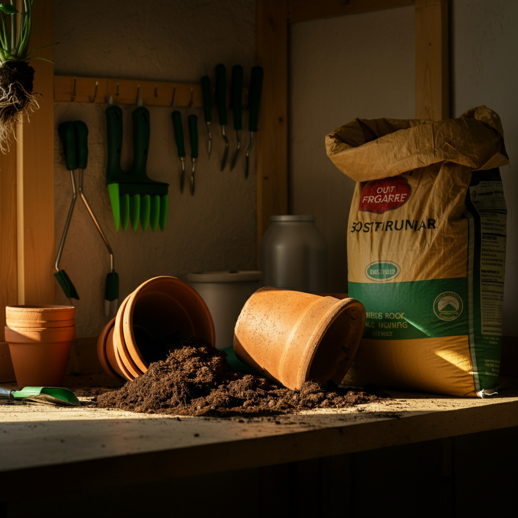 A bright, organized potting station in a garage or shed. Various gardening tools are neatly arranged on a workbench. A large bag of potting soil sits next to a partially filled pot. Sunlight streams in through a window, highlighting the texture of the soil.