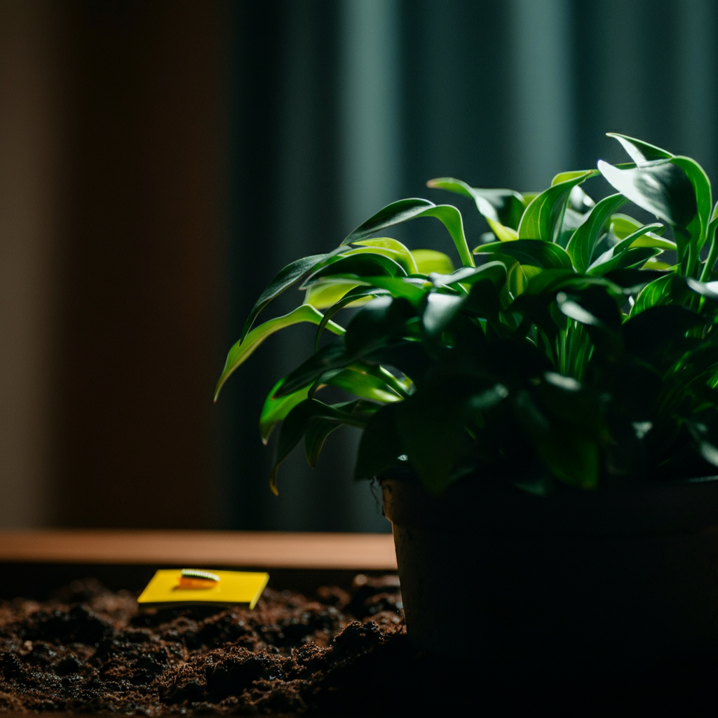A close-up of a healthy indoor plant with a small yellow sticky trap discreetly placed nearby. Soft bokeh in the background blurs the surrounding environment. The lighting is soft and diffused, highlighting the plant's vibrant green leaves.